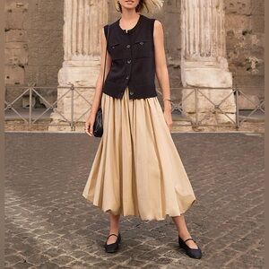 NWT Loft Poplin Ruched Bubble Hem Midi Skirt Tan Neutral Size Small